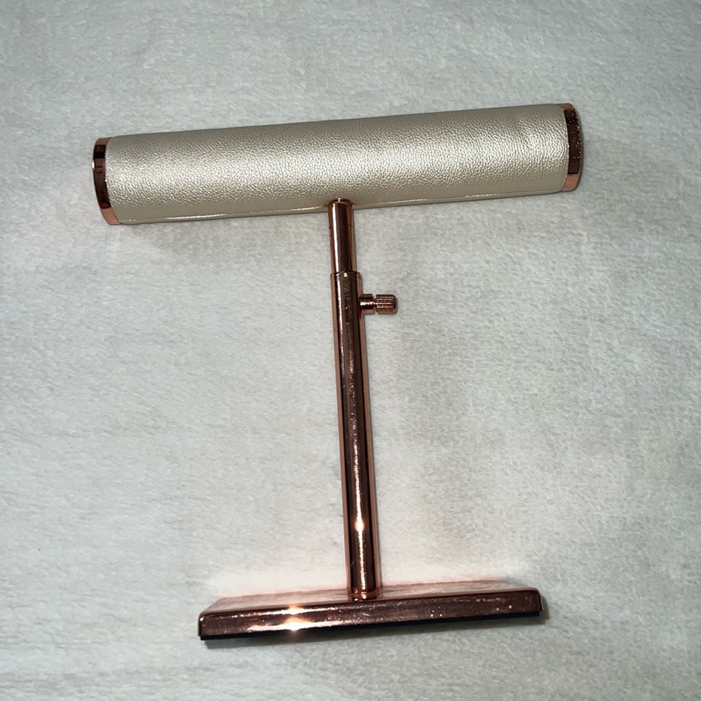 Elegant Rose Gold & Pearlescent T-Bar Stand Jewelry Holder w/ Adjustable Height
